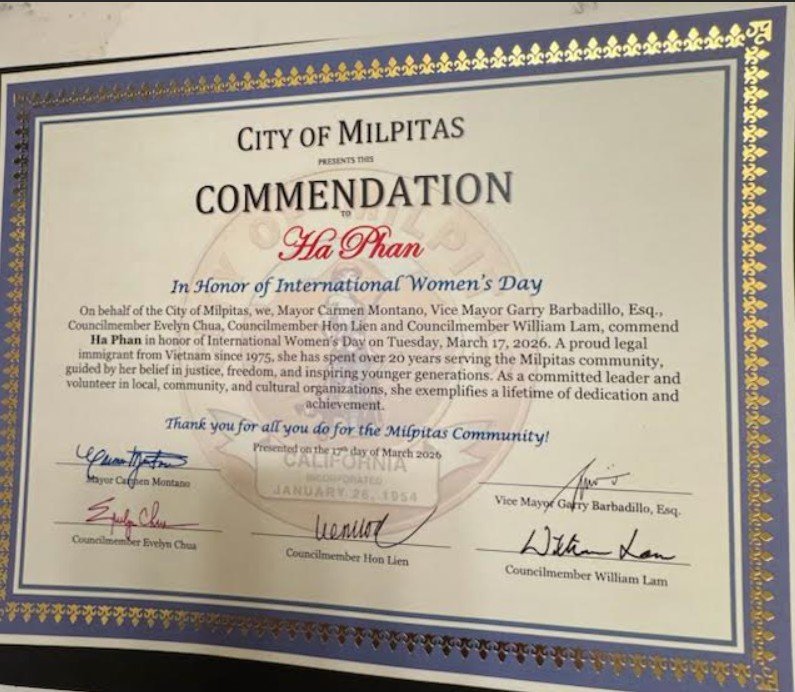 City of Milpitas Commendation honoring Ha Phan for International Women's Day, 2026